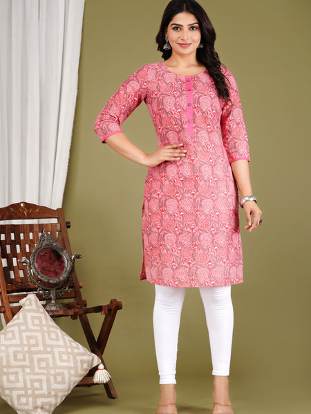 Pink Printed Cotton Long Kurta for Women