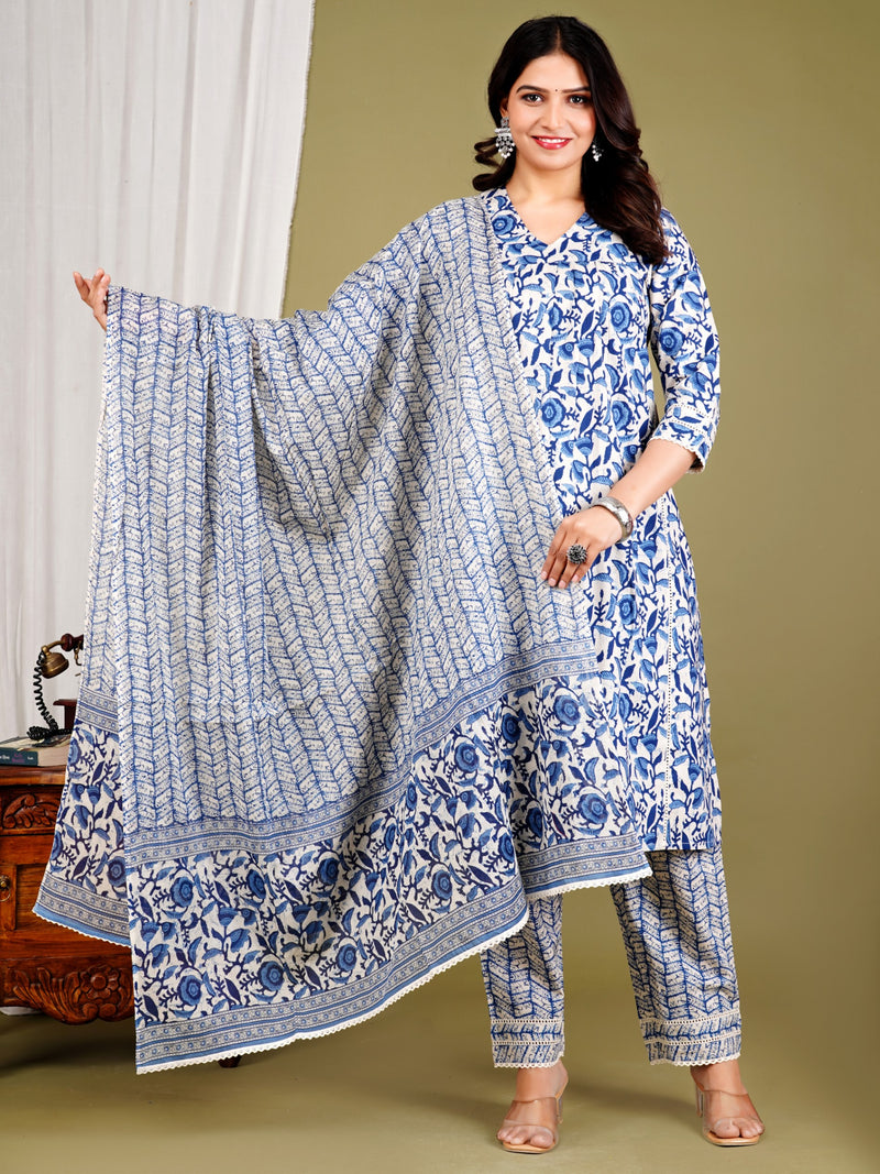Blue Cotton Printed Kurta Pant with Dupatta Set