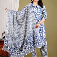 Blue Cotton Printed Kurta Pant with Dupatta Set