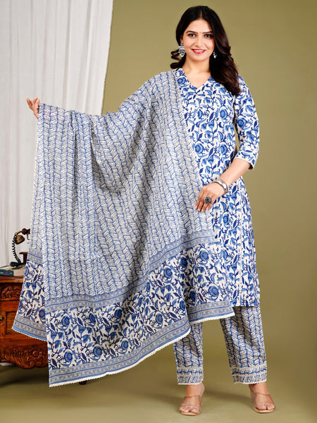 Blue Cotton Printed Kurta Pant with Dupatta Set