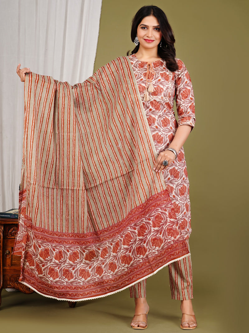 Peach Cotton Printed Kurta Pant with Dupatta Set