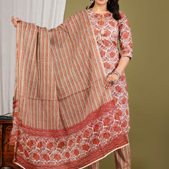 Peach Cotton Printed Kurta Pant with Dupatta Set