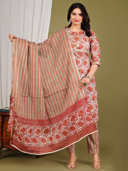 Peach Cotton Printed Kurta Pant with Dupatta Set