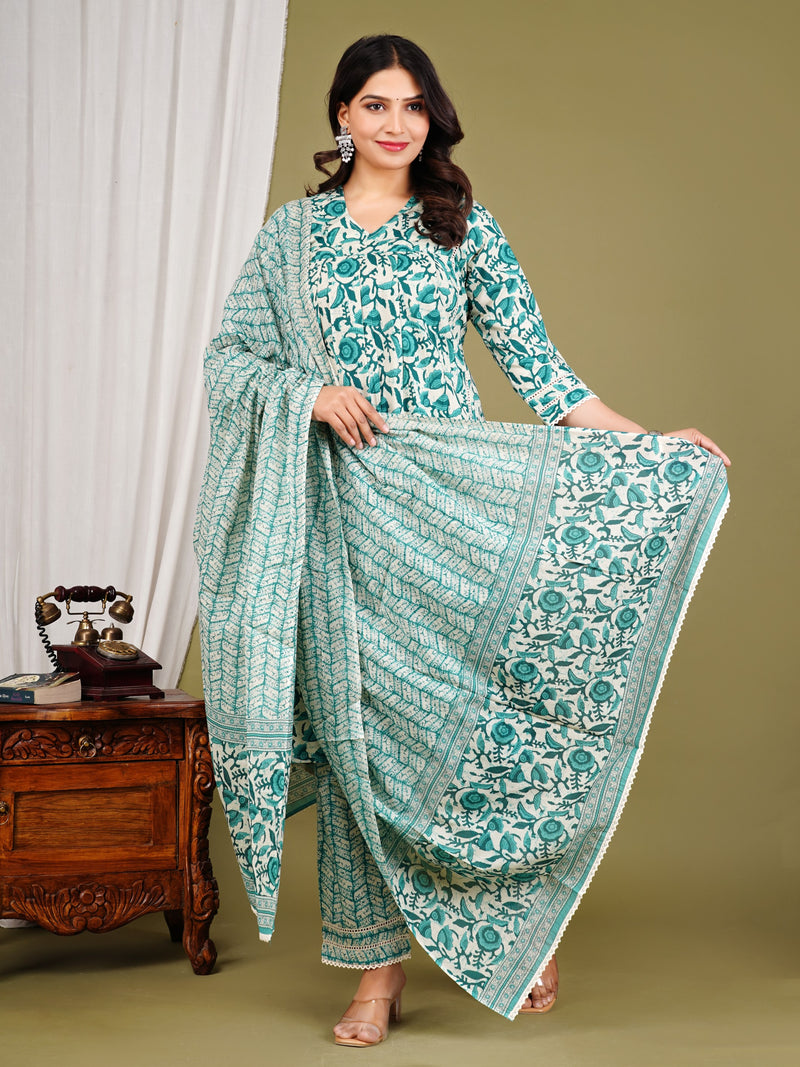 Green Cotton Printed Kurta Pant with Dupatta Set