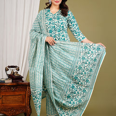 Green Cotton Printed Kurta Pant with Dupatta Set