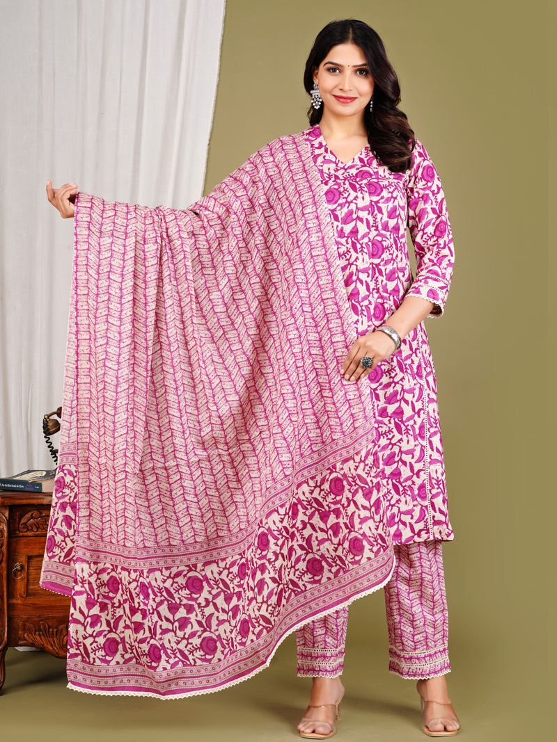 Purple Cotton Printed Kurta Pant with Dupatta Set