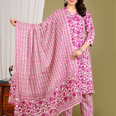 Purple Cotton Printed Kurta Pant with Dupatta Set