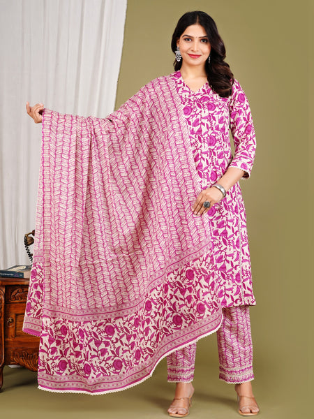 Purple Cotton Printed Kurta Pant with Dupatta Set