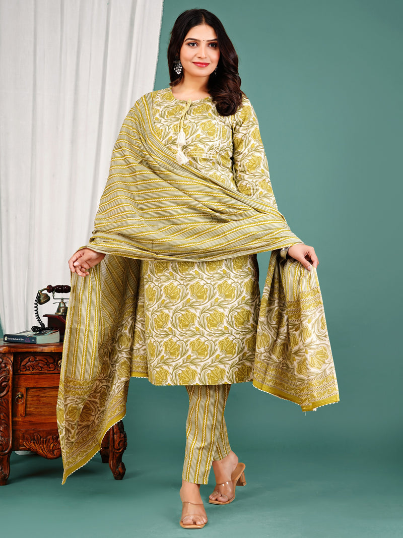 Green Cotton Printed Kurta Pant with Dupatta Set