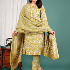 Green Cotton Printed Kurta Pant with Dupatta Set