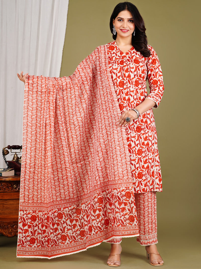 Orange Cotton Printed Kurta Pant with Dupatta Set