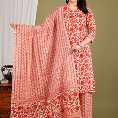 Orange Cotton Printed Kurta Pant with Dupatta Set
