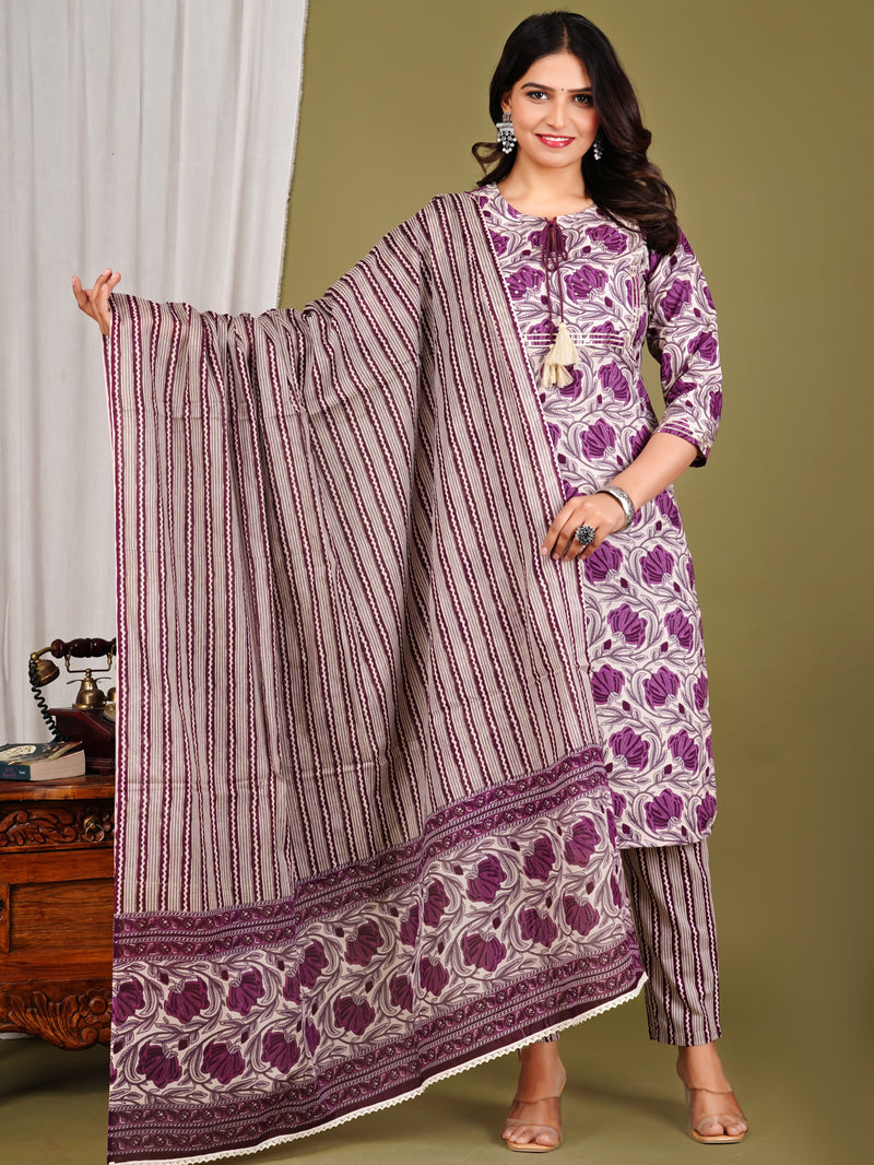 Purple Cotton Printed Kurta Pant with Dupatta Set