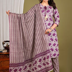 Purple Cotton Printed Kurta Pant with Dupatta Set