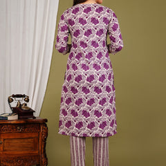 Purple Cotton Printed Kurta Pant with Dupatta Set
