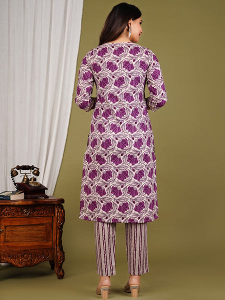 Purple Cotton Printed Kurta Pant with Dupatta Set