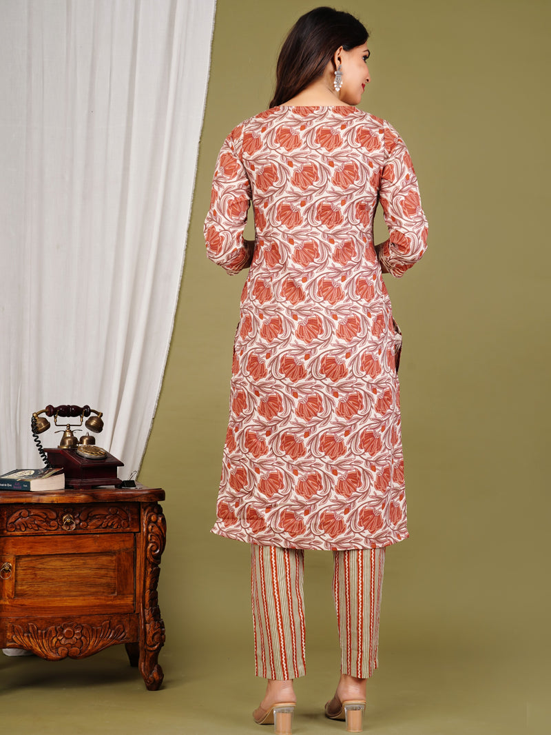 Peach Cotton Printed Kurta Pant with Dupatta Set