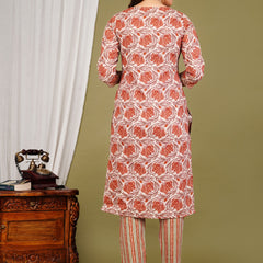Peach Cotton Printed Kurta Pant with Dupatta Set