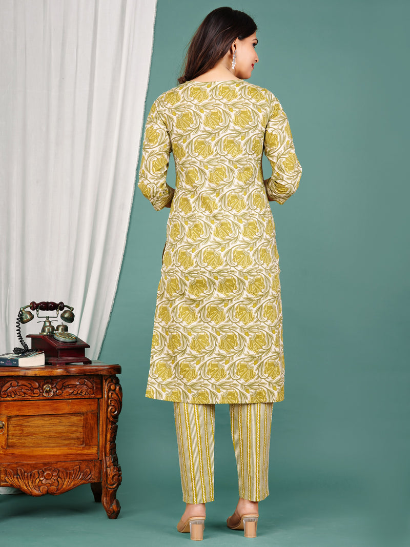 Green Cotton Printed Kurta Pant with Dupatta Set