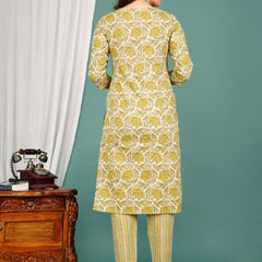 Green Cotton Printed Kurta Pant with Dupatta Set