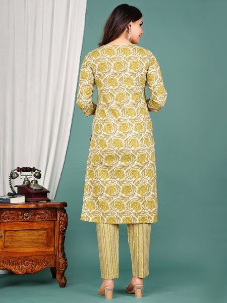 Green Cotton Printed Kurta Pant with Dupatta Set