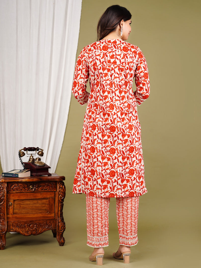 Orange Cotton Printed Kurta Pant with Dupatta Set