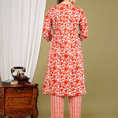 Orange Cotton Printed Kurta Pant with Dupatta Set