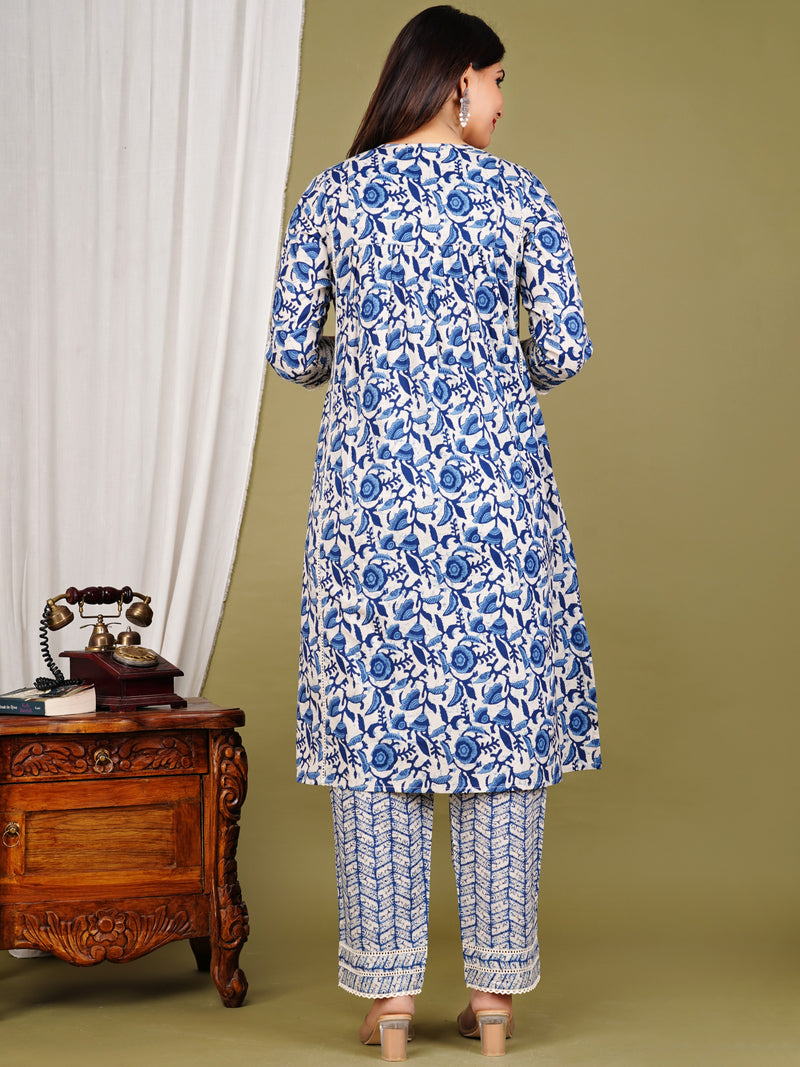 Blue Cotton Printed Kurta Pant with Dupatta Set
