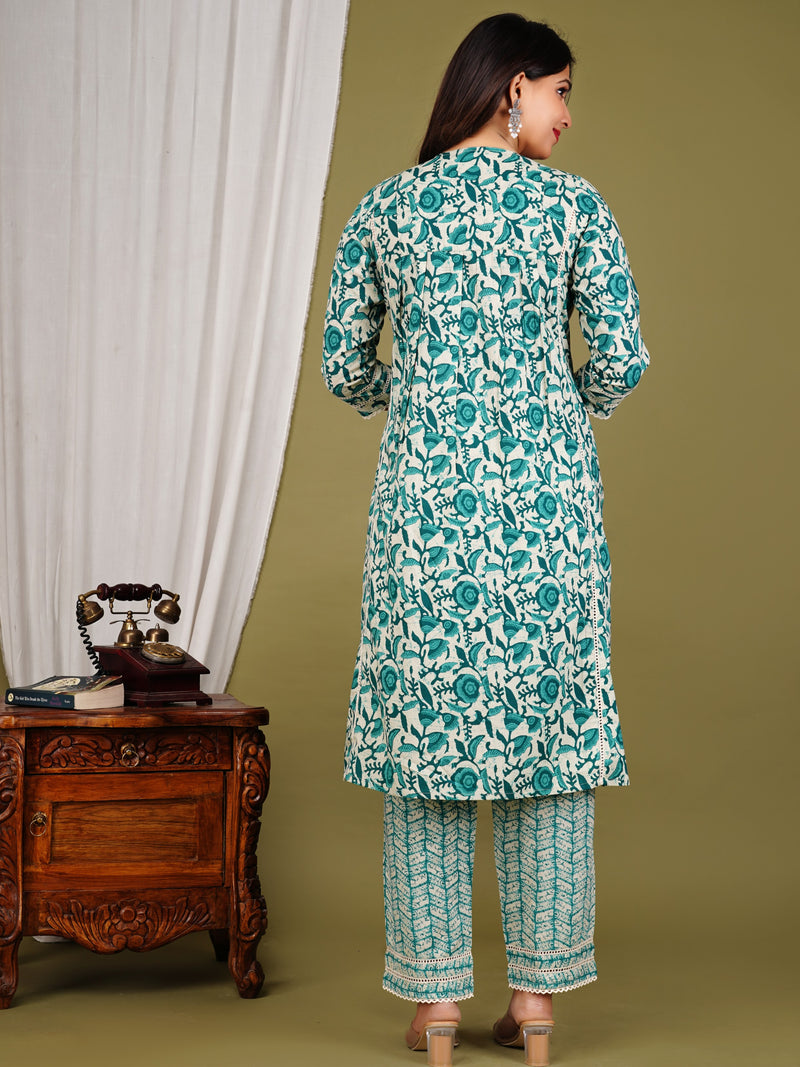 Green Cotton Printed Kurta Pant with Dupatta Set