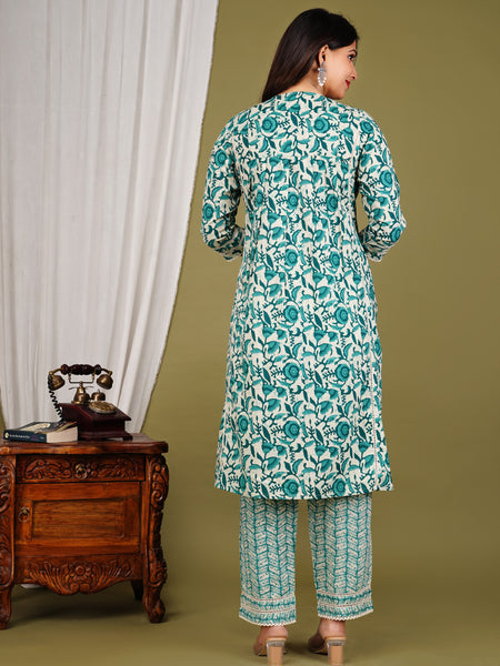 Green Cotton Printed Kurta Pant with Dupatta Set