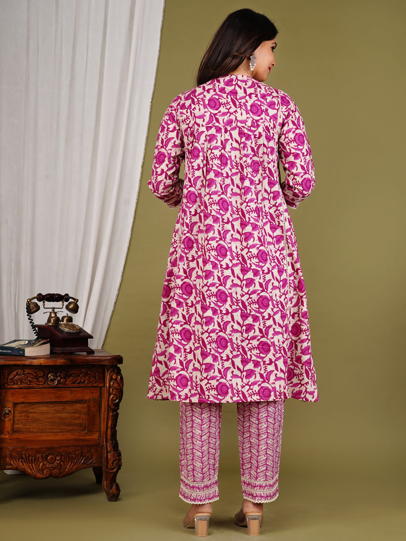 Purple Cotton Printed Kurta Pant with Dupatta Set