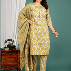 Green Cotton Printed Kurta Pant with Dupatta Set