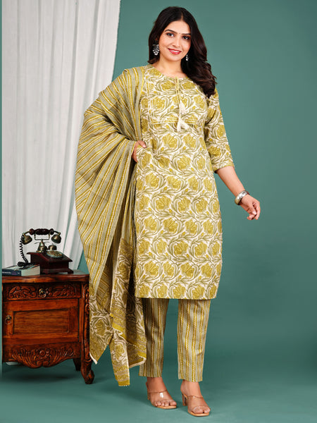 Green Cotton Printed Kurta Pant with Dupatta Set