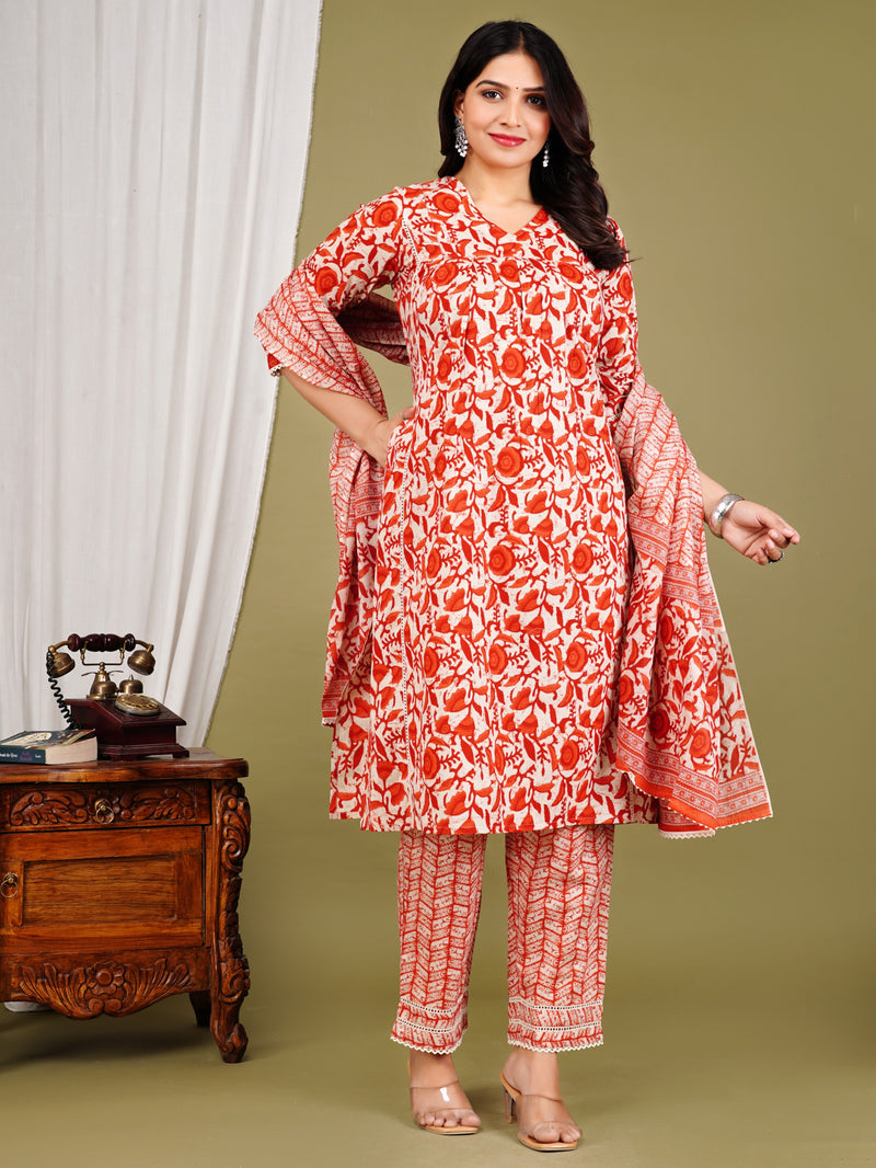 Orange Cotton Printed Kurta Pant with Dupatta Set