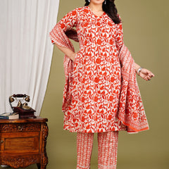 Orange Cotton Printed Kurta Pant with Dupatta Set
