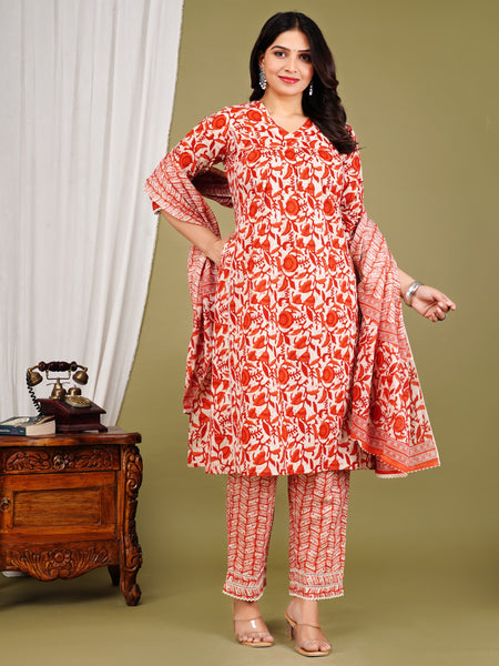 Orange Cotton Printed Kurta Pant with Dupatta Set