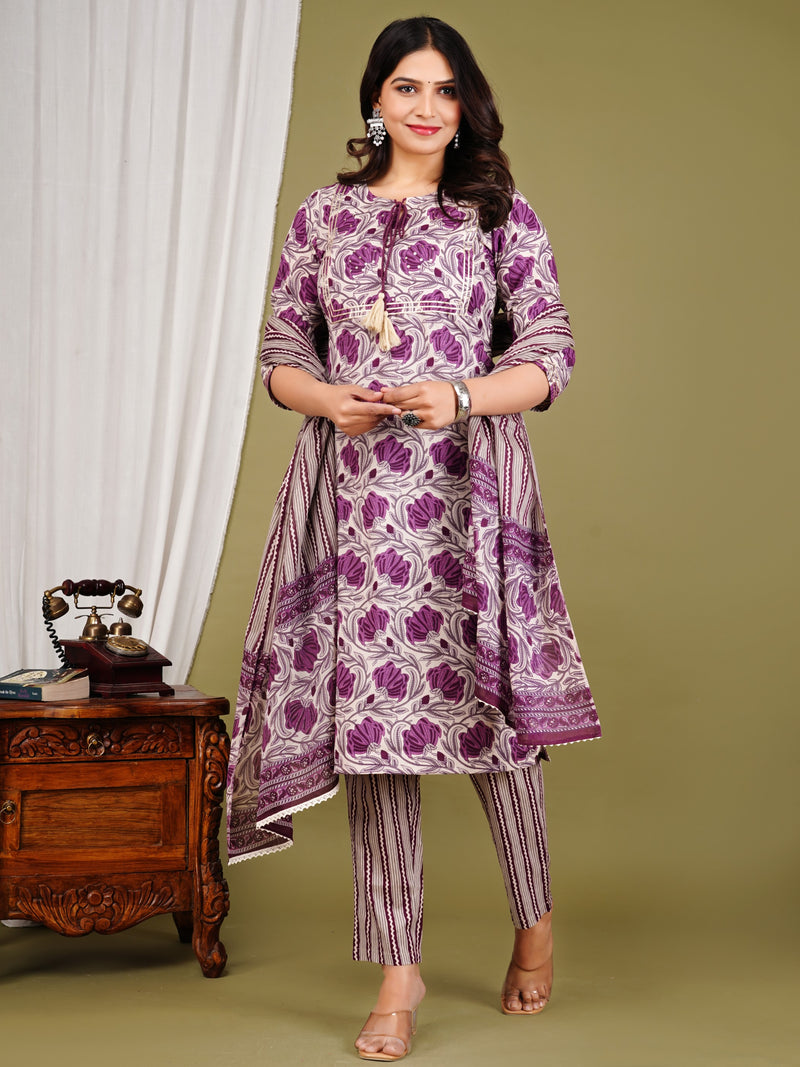 Purple Cotton Printed Kurta Pant with Dupatta Set