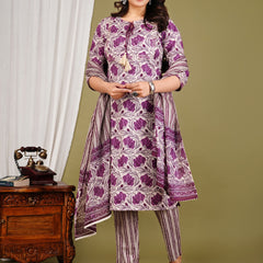 Purple Cotton Printed Kurta Pant with Dupatta Set