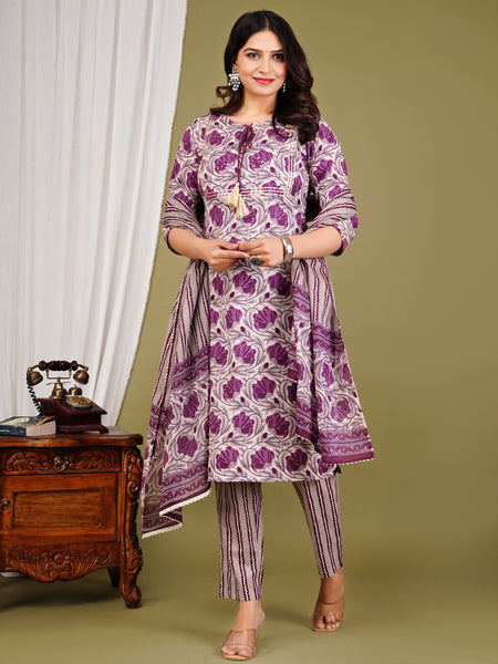 Purple Cotton Printed Kurta Pant with Dupatta Set