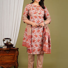 Peach Cotton Printed Kurta Pant with Dupatta Set