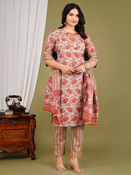 Peach Cotton Printed Kurta Pant with Dupatta Set