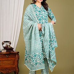 Green Cotton Printed Kurta Pant with Dupatta Set