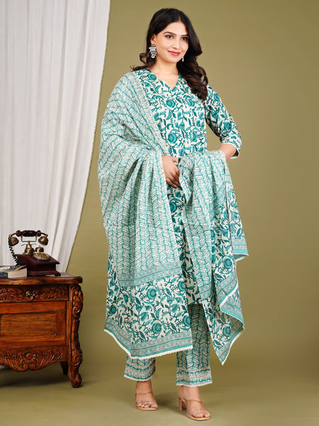 Green Cotton Printed Kurta Pant with Dupatta Set