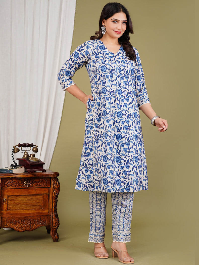 Blue Cotton Printed Kurta Pant with Dupatta Set