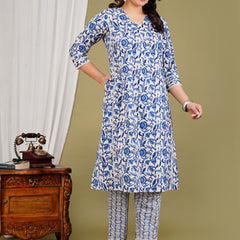 Blue Cotton Printed Kurta Pant with Dupatta Set