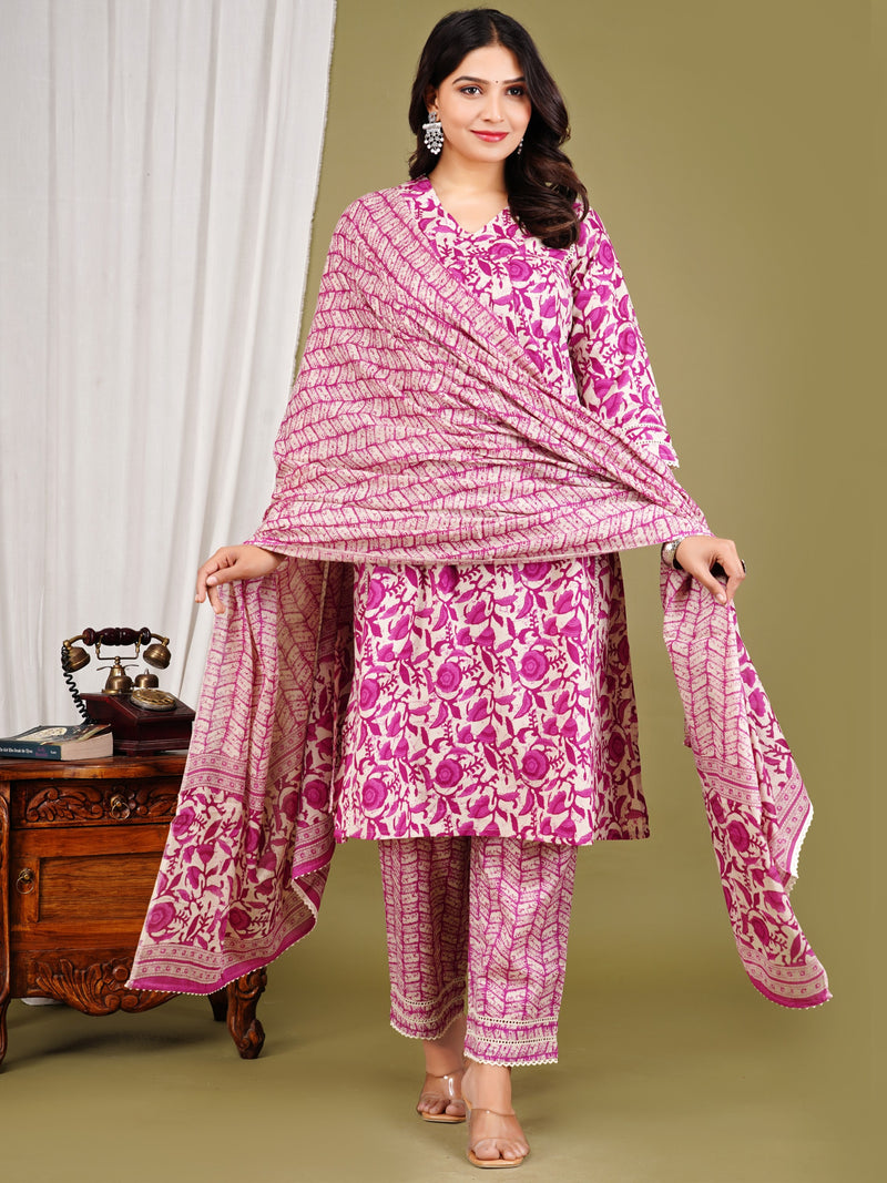 Purple Cotton Printed Kurta Pant with Dupatta Set