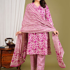 Purple Cotton Printed Kurta Pant with Dupatta Set