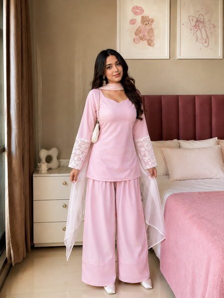 Pink Farshi Kurta Pant with Dupatta Set