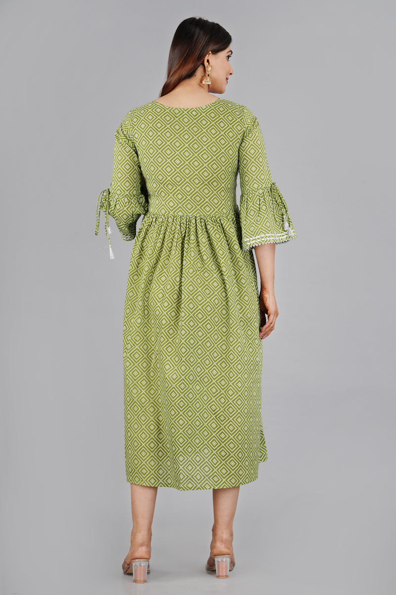 Green Printed Cotton Flared Dress for Women