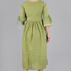 Green Printed Cotton Flared Dress for Women